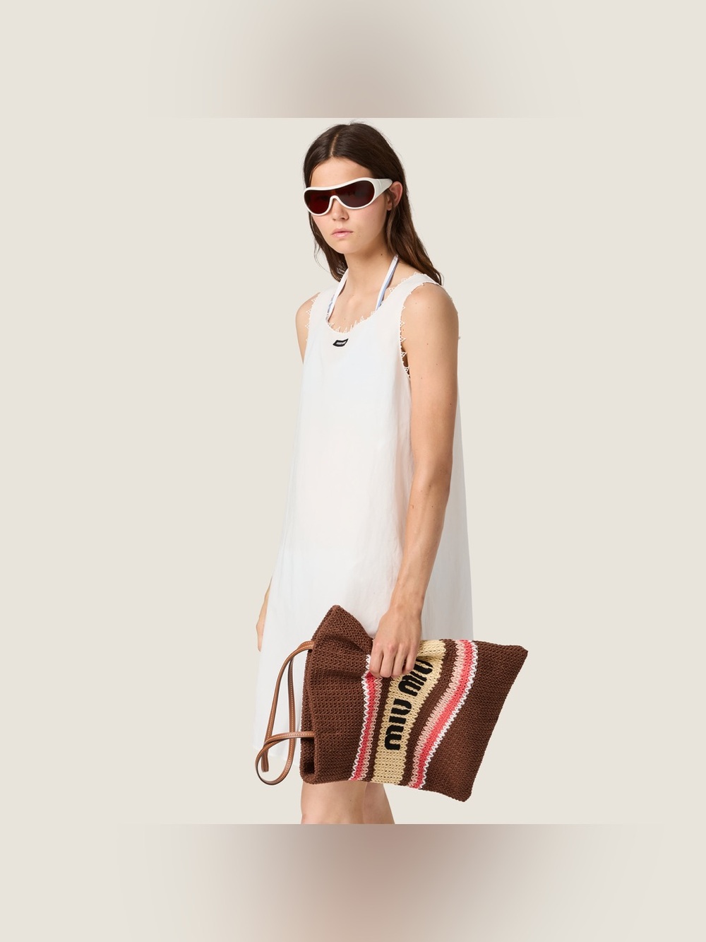 Miu Miu Crochet Knit Shopping Tote Bag Brown Pink Striped Large Raffia-effect - Picture 3 of 14